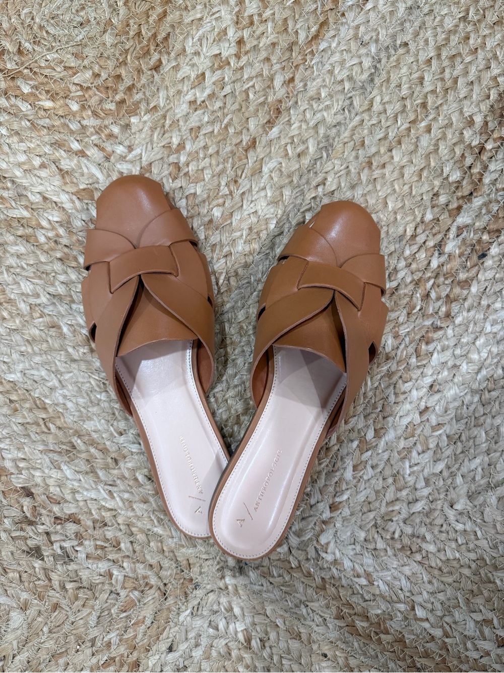 Anthropologie Tan Woven Leather Slide Mules New in box